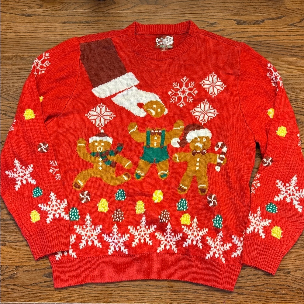 Party Sweater Red Holiday Sweater with Broken Gingerbread Head Motif size XL